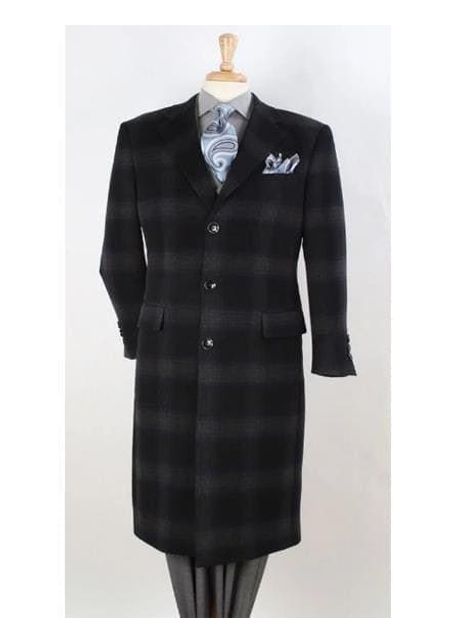 Men 3 button coat black window pane plaid chesterfield overcoats