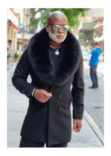 Men black overcoat with fur collar wool topcoats