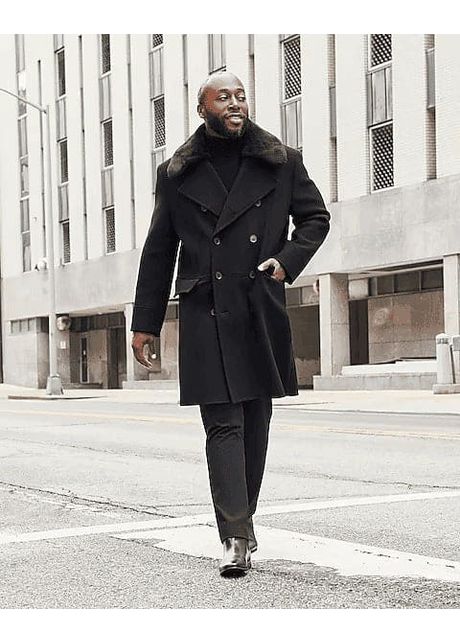 Men black overcoats with fur collar wool topcoat