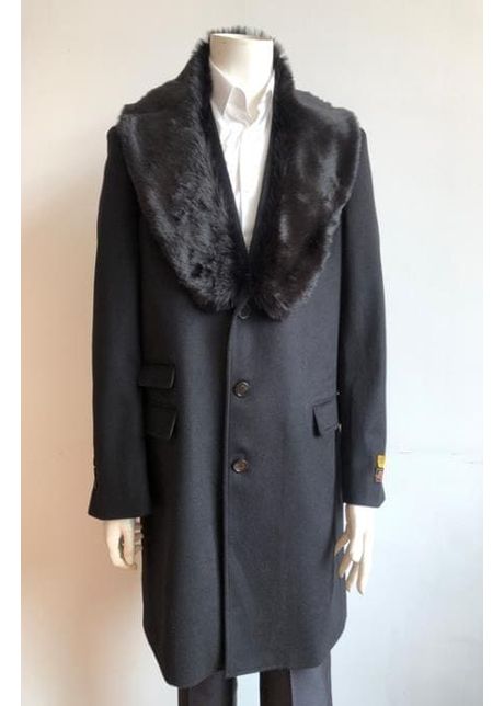 Mens black overcoat with fur collar