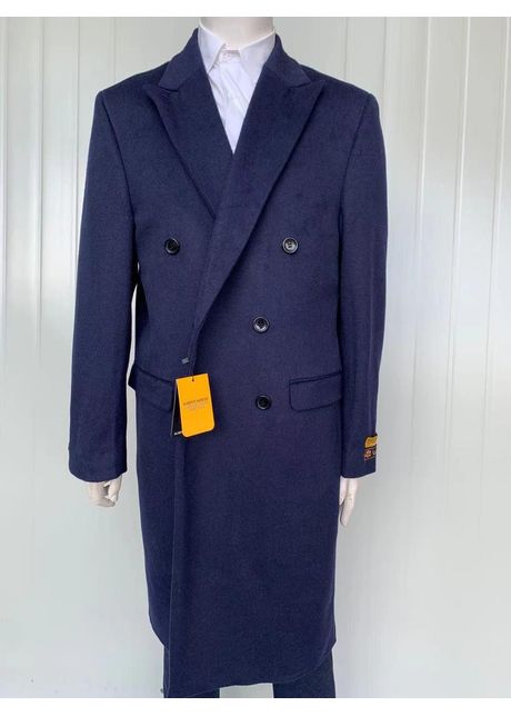 Mens full length wool and cashmere overcoat winter topcoat blue coat