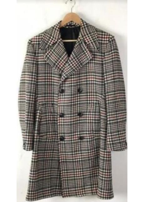 Mens plaid overcoat wool peacoat plaid topcoats cream black red