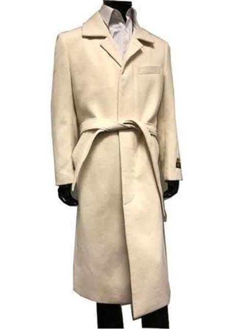 Mens wool belted topcoat winter white full length belt coat alberto is