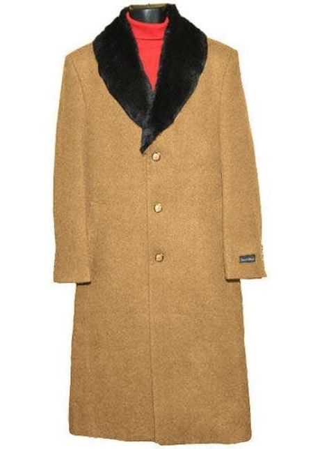 Moscow mens fur collar camel wool overcoat full length mens topcoat