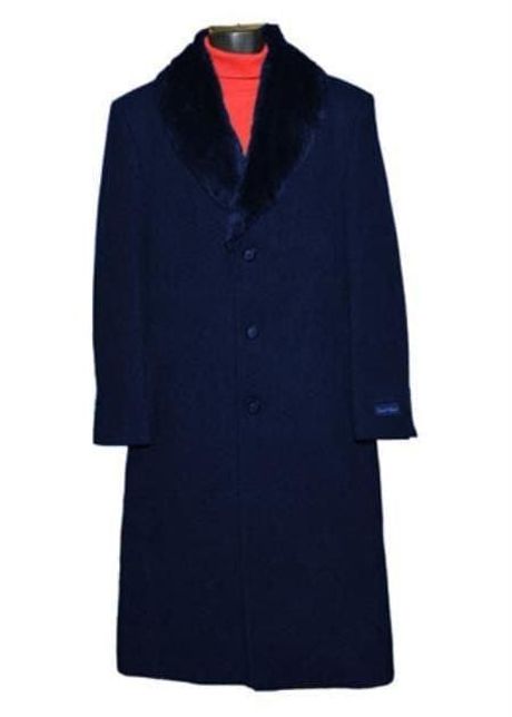 Moscow single breasted dark blue fur collar 3 button full length overcoat