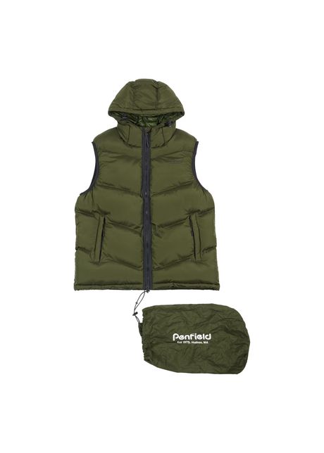 Quilted hooded vest with angle penfield hudson script quilt ripstop